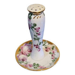 1960s Limoges Porcelain Hatpin Holder Gold Trim Floral Hand-Painted For Sale