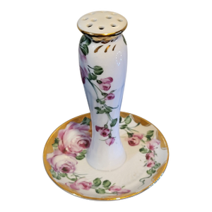1960s Limoges Porcelain Hatpin Holder Gold Trim Floral Hand-Painted