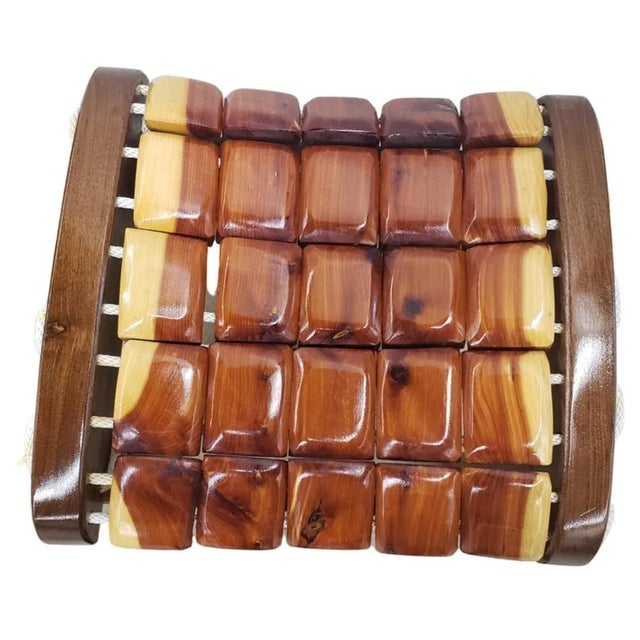 Contemporary Mixed Fruitwood Bench or stool ottoman. In excellent condition. Predominantly walnut frame and sides and pine...