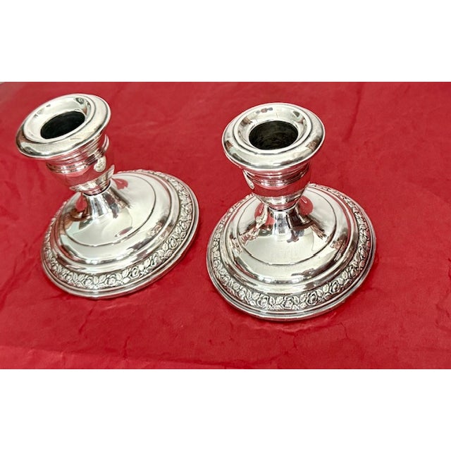 Wallace Silversmiths Wallace Pair of Low Candlesticks Sterling Silver Candle Holders For Sale - Image 4 of 12