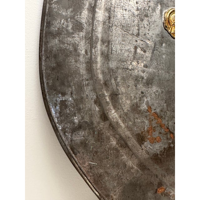 Silver Vintage Medieval Rustic European Brass Medallion & Steel Shield Armor For Sale - Image 8 of 11