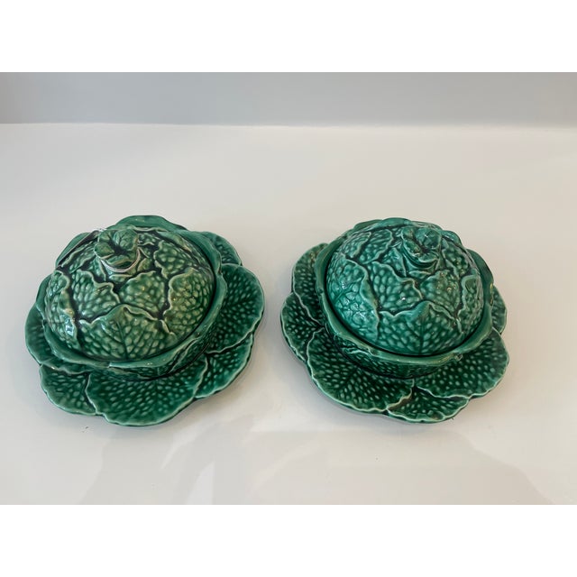 Just arrive this Pair of French Majolica Small Green Cabbage Covered Tureens, by the famous Manufacture of Sarreguemines....