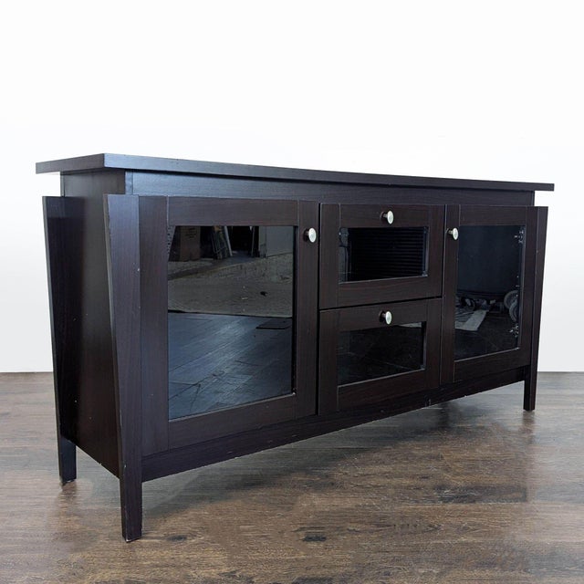 Glass fronted doors and drawers. Dimensions (in): 60W x 16D x 30H.