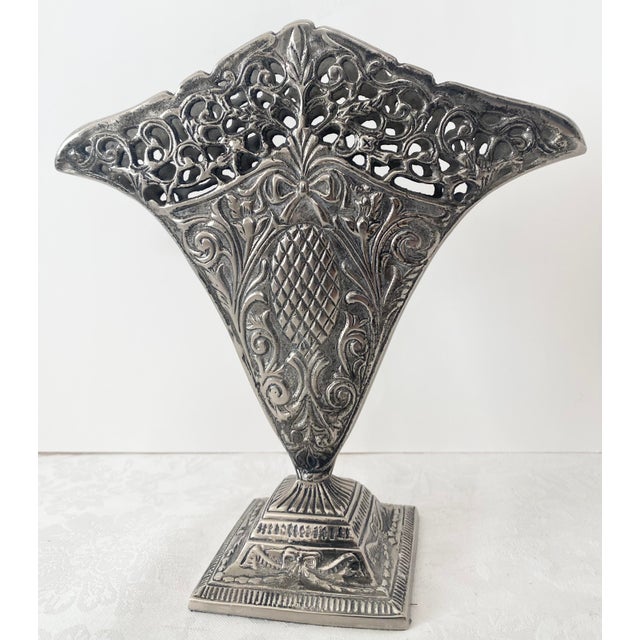 Vintage Ornate Fan Vase, Art Nouveau-Style Scrollwork, a Reticulated Top Edge, and a Central Pineapple Motif. For Sale - Image 9 of 15