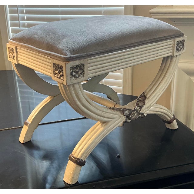 Mid 20th Century Neo-Classical Gustavian Style Painted Curule Stools / Ottomans in Velvet - Pair For Sale - Image 5 of 9