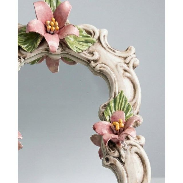 Vintage Capodimonte Italy Porcelain Floral Vanity Mirror – Pink Flowers – 14.5” For Sale - Image 4 of 7
