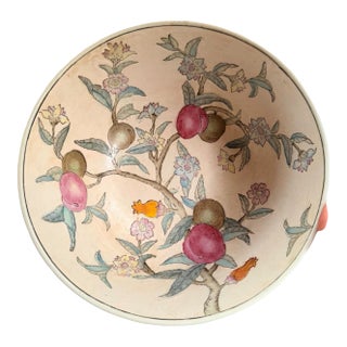 Vintage Chinese Porcelain Fruit & Floral Bowl | Hand-Painted Famille Rose Style Centerpiece Bowl For Sale
