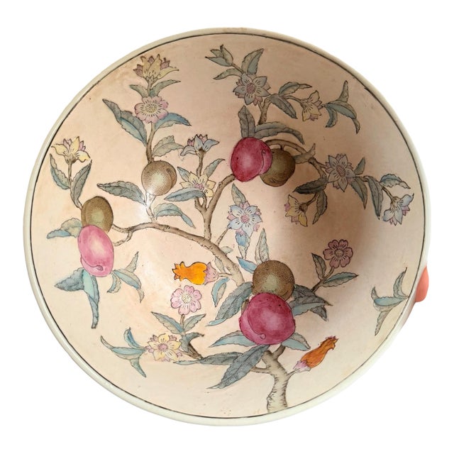 Vintage Chinese Porcelain Fruit & Floral Bowl | Hand-Painted Famille Rose Style Centerpiece Bowl For Sale