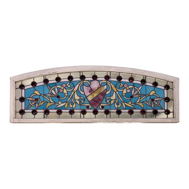 Vintage Arched 29 Jewels Stained Glass Transom Window For Sale
