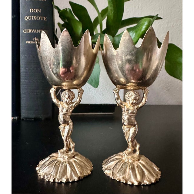 Vintage Renaissance Style Cherub/ Putti Gold Plated Metal Candle Holders, Eggs Cups - A Pair For Sale - Image 9 of 12