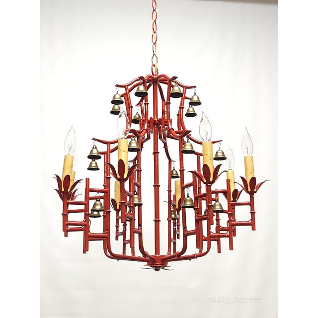 Massive Vintage Italian Tole Red Faux Bamboo Birdcage Chandelier With Bells ~ Rewired ~ Restored ~ Rejuvenated ~ Ready to Hang ~ For Sale - Image 12 of 12