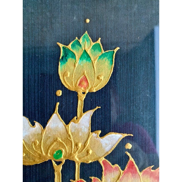 Glass Vintage Lotus Botanical Prints, Gold Faux Bamboo Frames – Set of 3 For Sale - Image 7 of 12