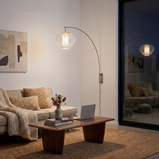 Contemporary Bloom Sphere Arc Lamp - Satin Nickel, White Satin Steel Shade, Dimmable, Modern Design For Sale - Image 3 of 6
