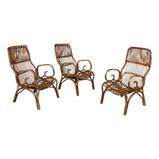 Mid-Century Modern Italian Armchairs in Rattan, 1960s, Set of 3 For Sale