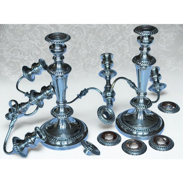 MOS2026Antique Silver Plated Three Arm English Candleabras - A Pair For Sale - Image 11 of 18