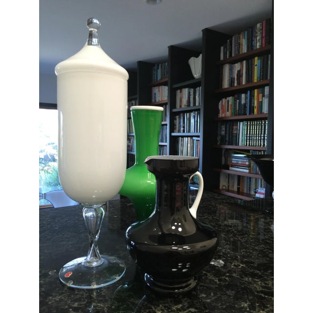 Mid-Century Modern Vintage Italian Glass, Black & White Italian Cased Glass Pitcher, Attributed to Empoli For Sale - Image 3 of 4