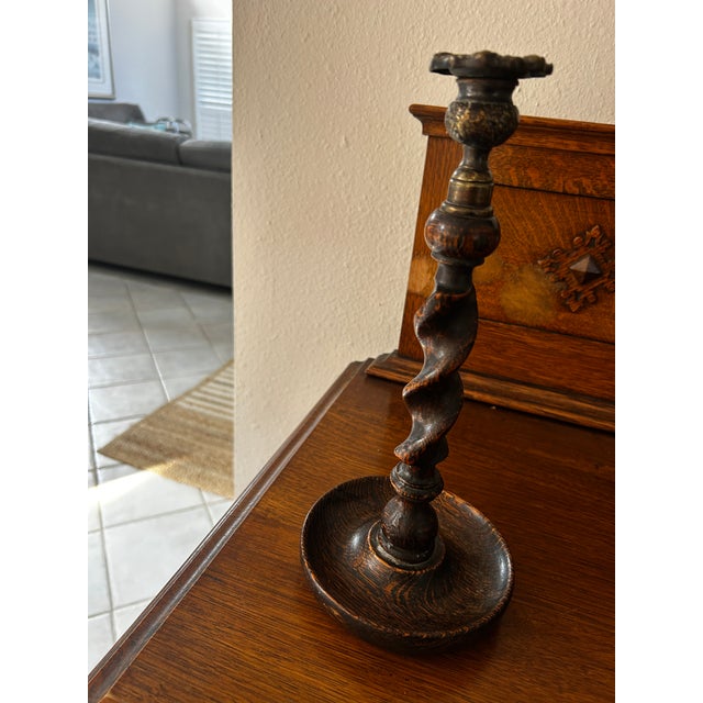Antique English Barley Twist Tiger Oak Candlesticks With Brass Cobeches For Sale - Image 4 of 7
