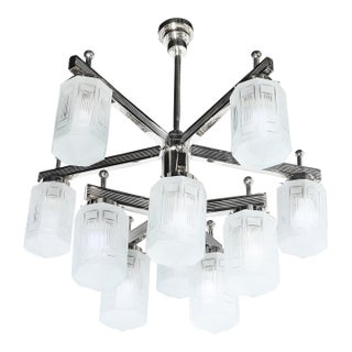 Art Deco Style 10 Arm Frosted & Etched Glass Chandelier W/ Polished Nickel Frame For Sale