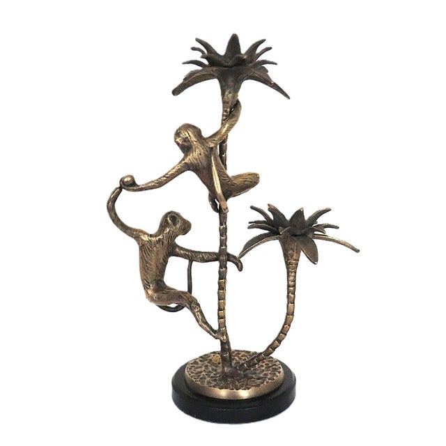 Maitland - Smith Pair of Maitland Smith Bronze Candelabra W/ Monkeys & Palm Trees For Sale - Image 4 of 6