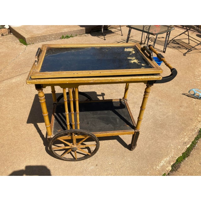 Early 20th Century Asian Style Bamboo Yellow Rolling Tea Bar Cart For Sale - Image 10 of 10