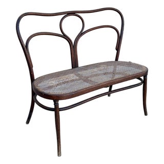 Late 19th Century Victorian Arched Bentwood & Wicker Cafe Settee Bench by Thonet-Mundus For Sale