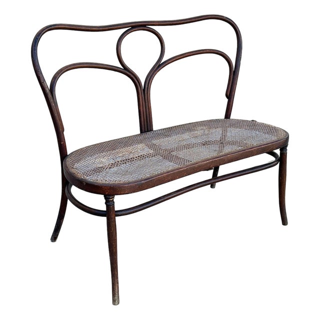 Late 19th Century Victorian Arched Bentwood & Wicker Cafe Settee Bench by Thonet-Mundus For Sale