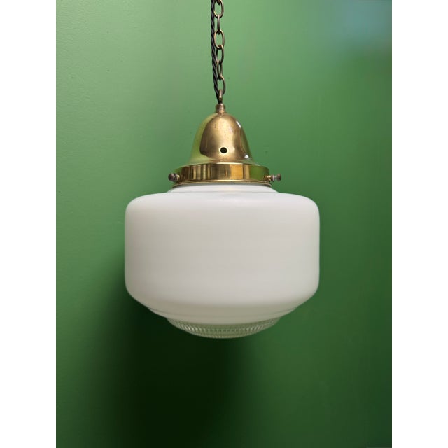 Metal Opaline Pendant Lights with Diffusers, 1930s, Set of 2 For Sale - Image 7 of 11