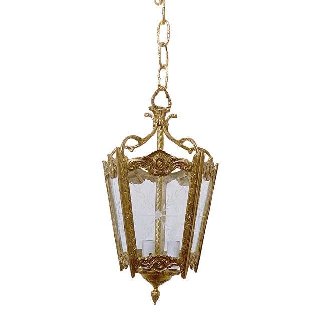 Vintage Bronze Lantern With Etched Glass Panels For Sale