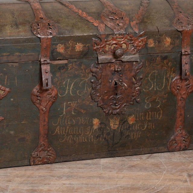 Large Swedish Oak Trunk With Original Green Painted Finish, Dated 1785 For Sale - Image 14 of 18