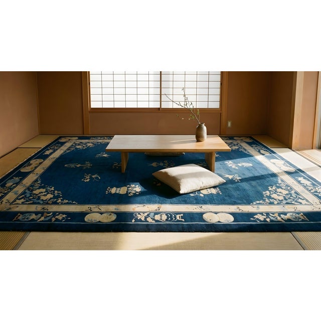 Stupendous Navy Background Color With Vases of Flowers in a Floral Design Antique Chinese Perking Rug For Sale - Image 9 of 10