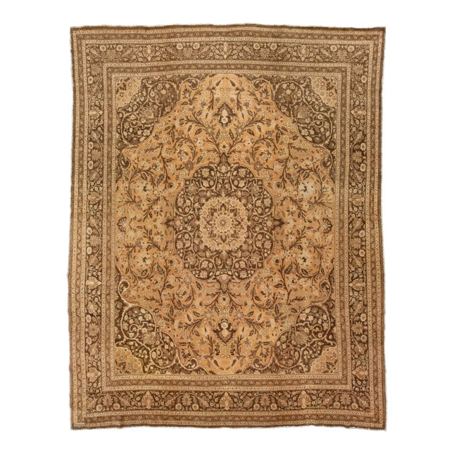 10 X 13 Vintage Tabriz Handmade Designed Wool Rug in Tan Color For Sale