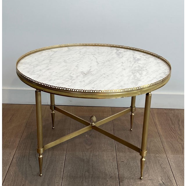1940s Neoclassical style round brass coffee table with marble top Attributed to Maison Jansen For Sale - Image 12 of 12