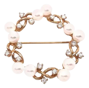 14 Karat Yellow Gold Diamond and Pearl Circle Brooch