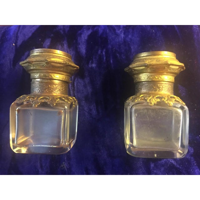 Continental Shagreen, Mother of Pearl Miniture Trunk With Gilt Filigree Crystal Bottles - 3 Pieces For Sale - Image 4 of 13