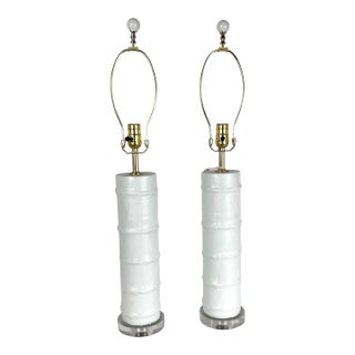 1980s White Satin Enamel Metal Faux Bamboo Lamps With Lucite Bases - aPair For Sale
