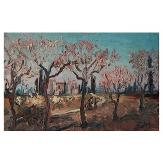 S.M., Paysage Fleuri, 1970s, Oil on Cardboard For Sale