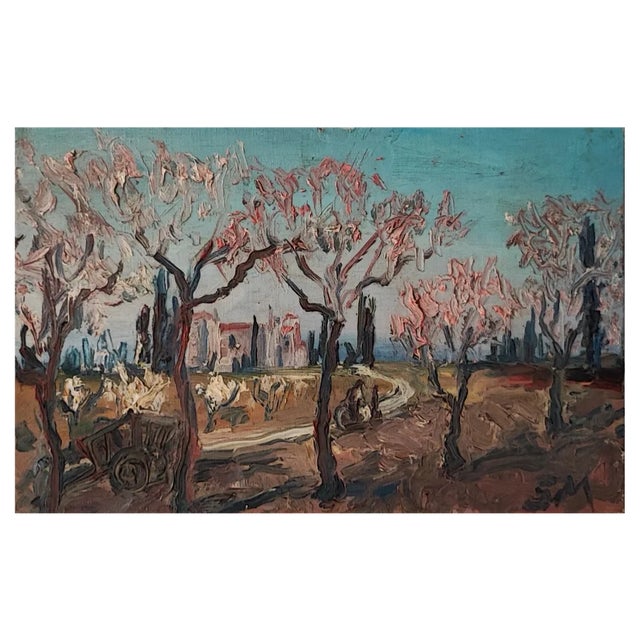 S.M., Paysage Fleuri, 1970s, Oil on Cardboard For Sale