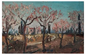 S.M., Paysage Fleuri, 1970s, Oil on Cardboard