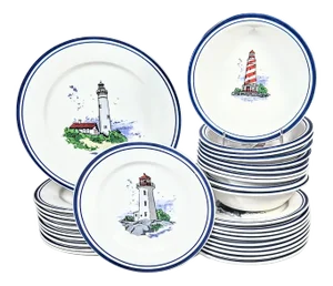 Flow Blue Rimmed Lighthouse Dishes- Set of 30