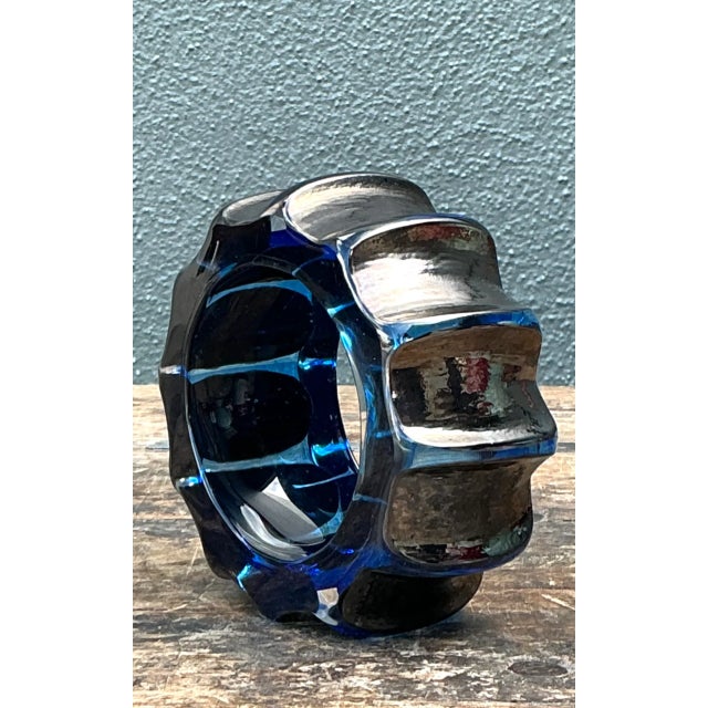 Contemporary Vintage Blue Sculptural Art Glass Gear Sculpture For Sale - Image 3 of 12