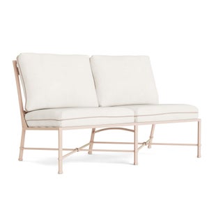 Brown Jordan Venetian Armless Loveseat in Blush with Sea Salt and Dusty Pink Welt Cushions For Sale