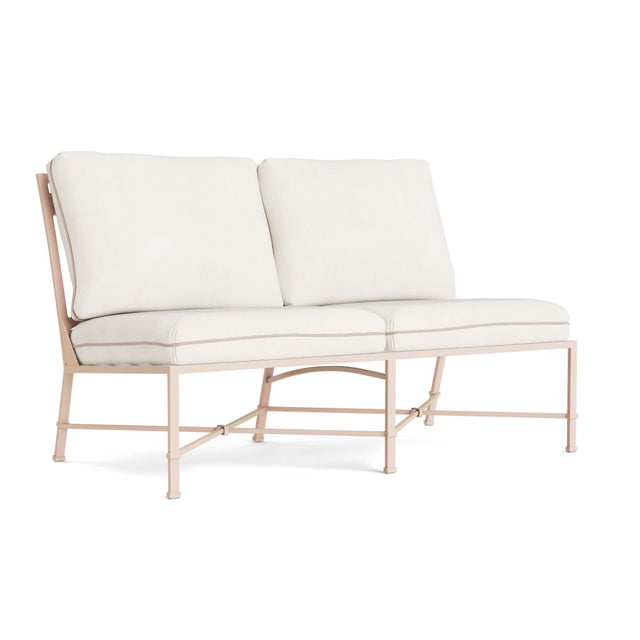 Brown Jordan Venetian Armless Loveseat in Blush with Sea Salt and Dusty Pink Welt Cushions For Sale