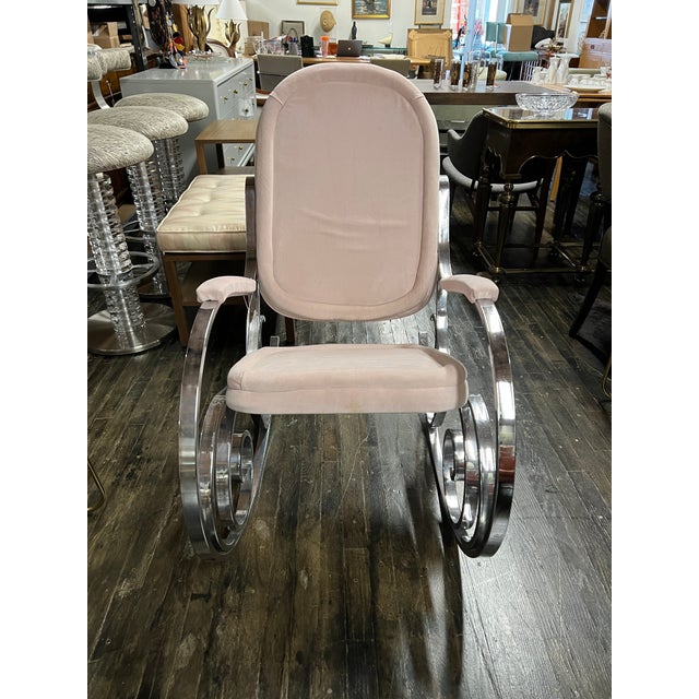 1970's Modernist Chrome Maison Jansen Style Hollywood Regency Rocking Chair With Pink Upholstery For Sale - Image 9 of 11