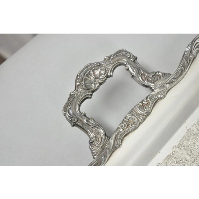 Vintage Wm Rogers 290 Silver Plated Twin Handle Footed Bar Serving Platter Tray For Sale In Philadelphia - Image 6 of 14