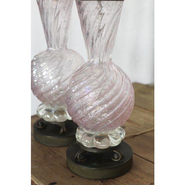 1950s Barovier Toso Murano Glass Lamp Pair With Pleated White Shades For Sale - Image 14 of 18