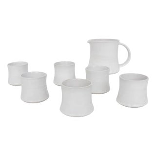 White Glazed Ceramic Pitcher and Glasses by Bucci, 1971, Set of 7 For Sale