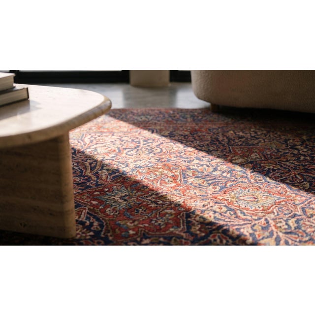 Textile 1930s Blue Navy Medallion Antique Persian Kashan Rug 6'6" X 4'6" Handknotted Wool Carpet For Sale - Image 7 of 8