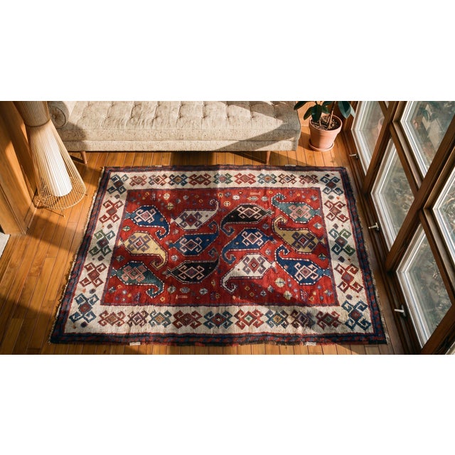 1880s Red Geometric Tribal Antique Handknotted Caucasian Kazak Rug 3'6" X 5'8" Wool Carpet For Sale - Image 9 of 9