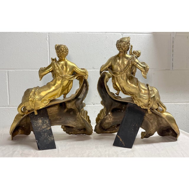 Antique Heavy Pair of Louis XV Style Gilt Bronze Female Sphinx Chenets Andirons For Sale - Image 16 of 17