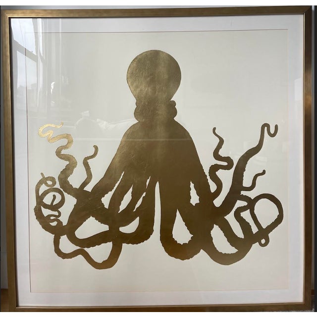 Extra large octopus print with hand applied gold leafing, single mat with gold frame, beautiful nautical print.